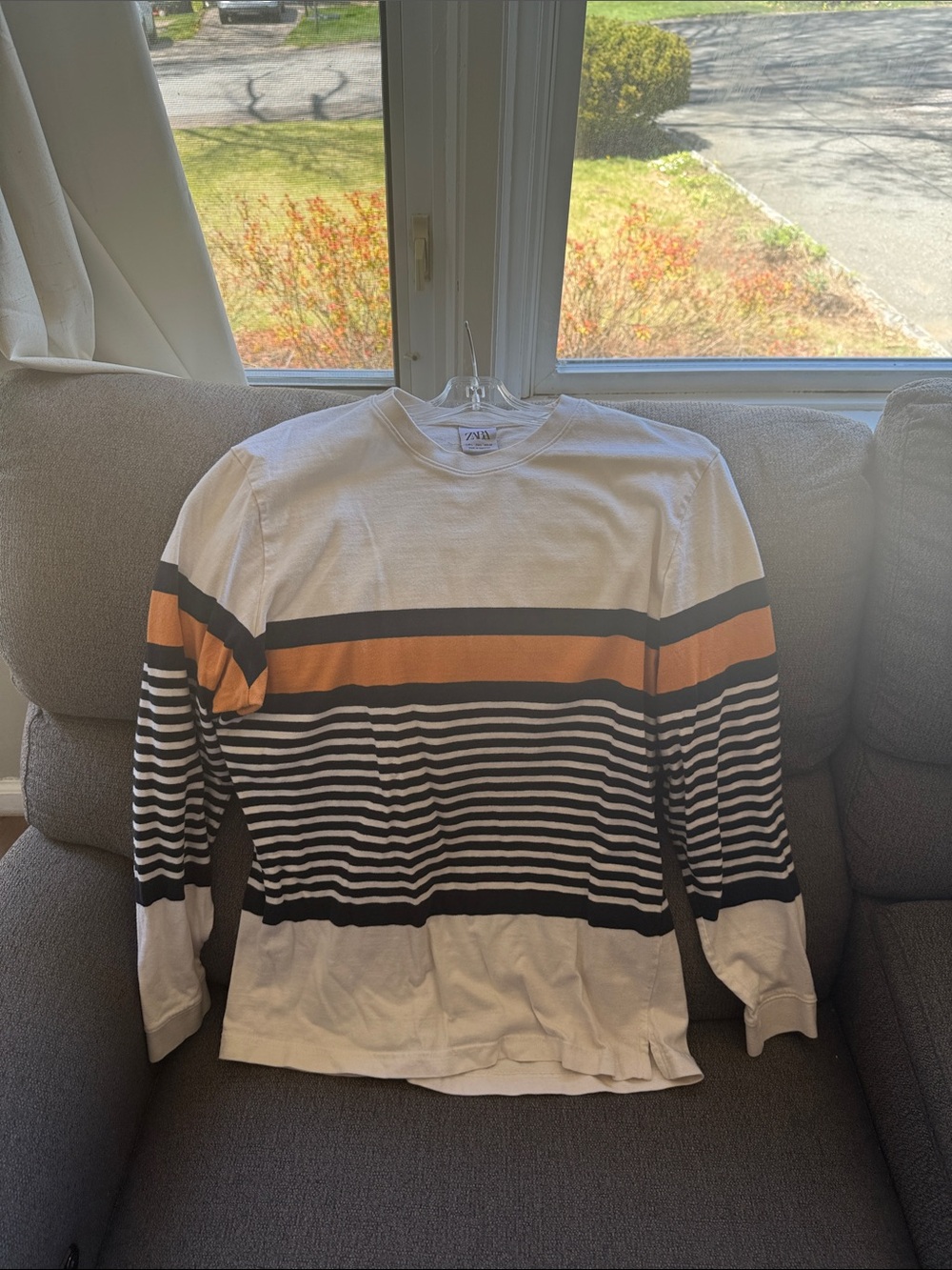Zara White, Black & Orange Striped Crewneck Sweater